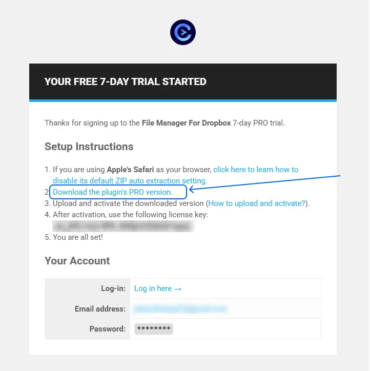 Email with license key and Pro version