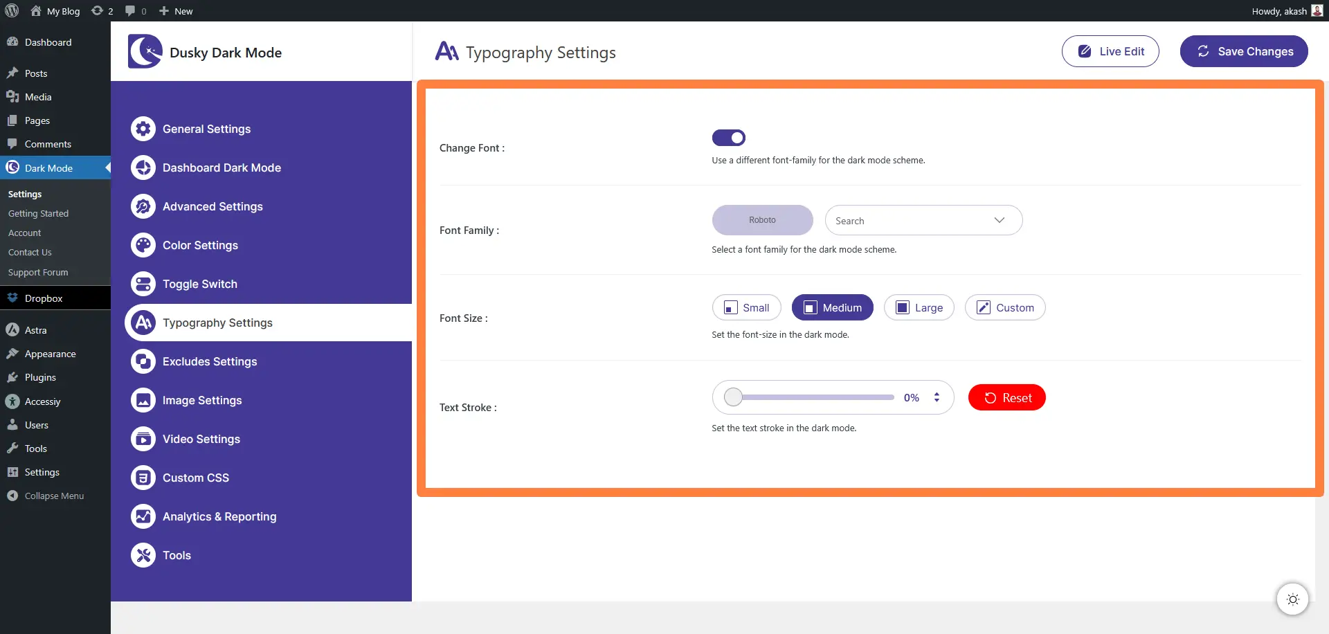 Typography Settings in Dusky Dark Mode Plugin