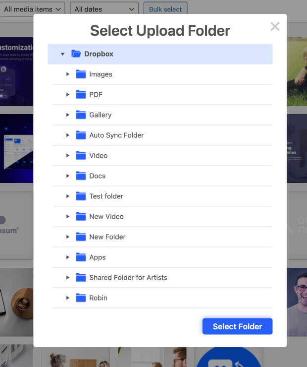 Select Folder to Upload Media Library to Dropbox