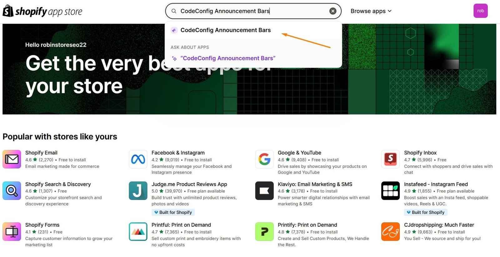 Searching the Shopify App Store for an announcement bar app