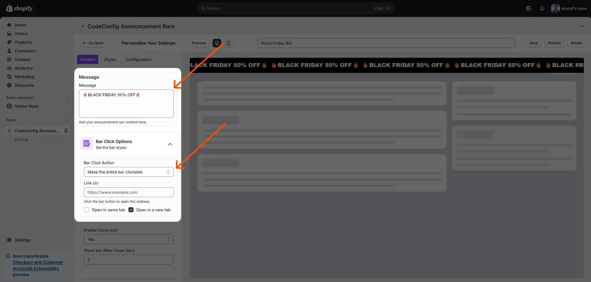 announcement bar content settings