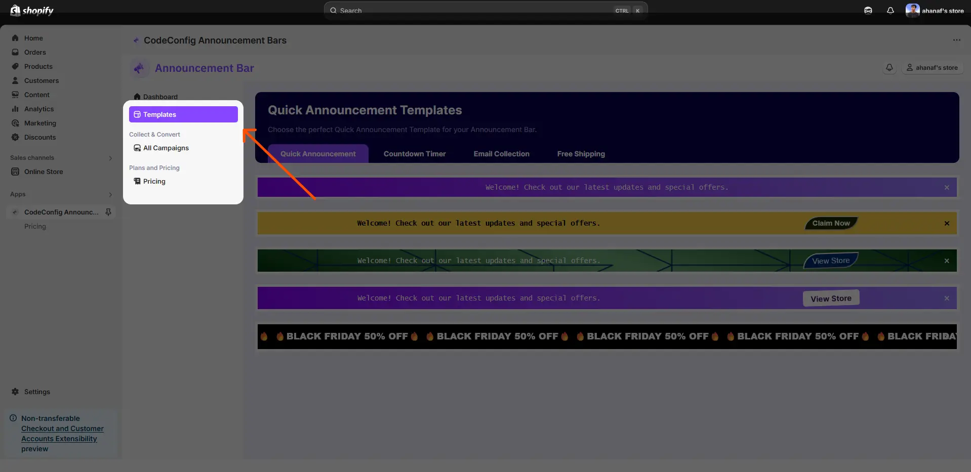 click the templates tab to view available announcement bar designs