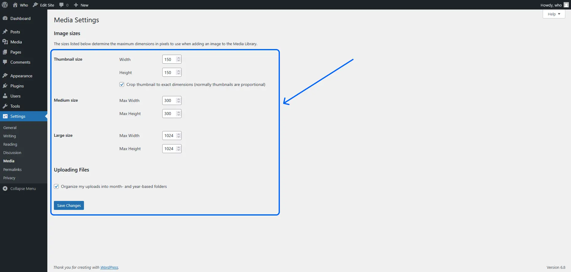 configure wordpress media settings