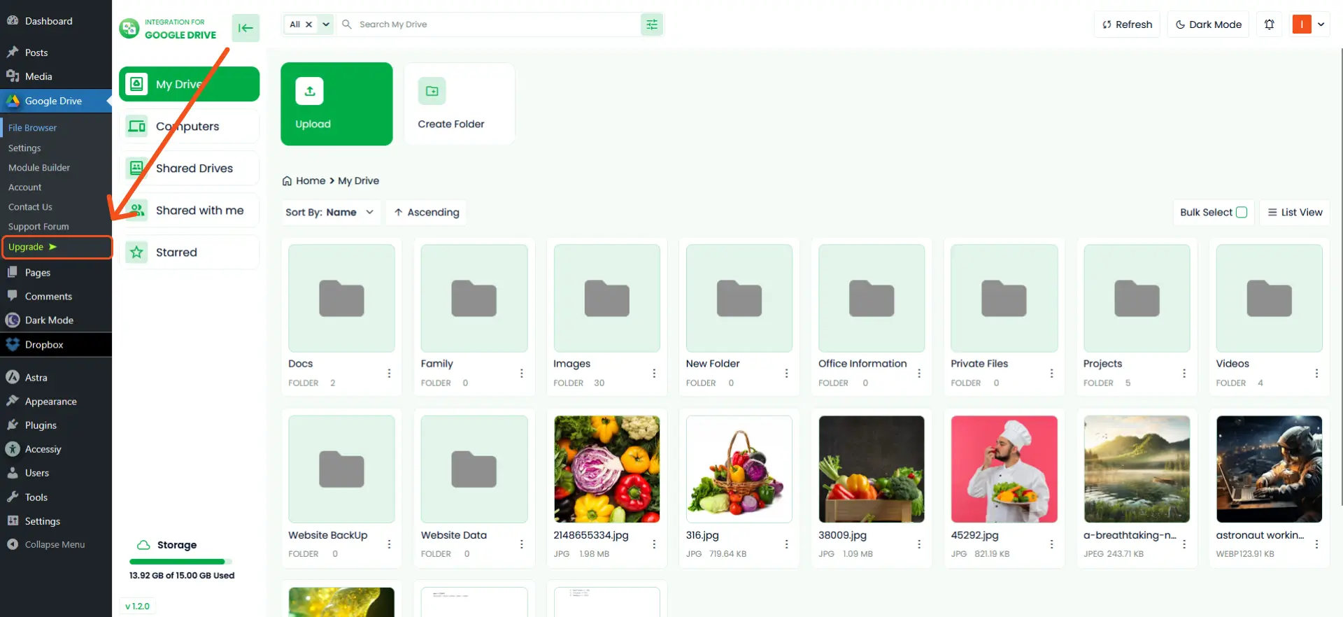 Upgrade button of integration for google drive