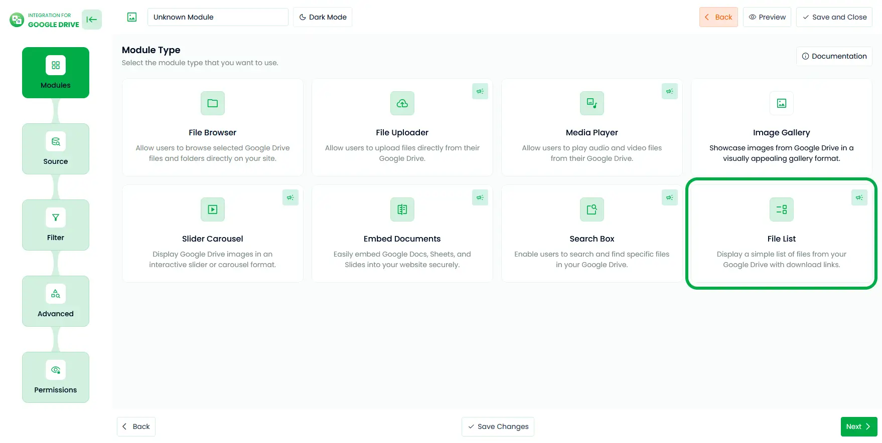 Choose Google Drive List View Module In WordPress