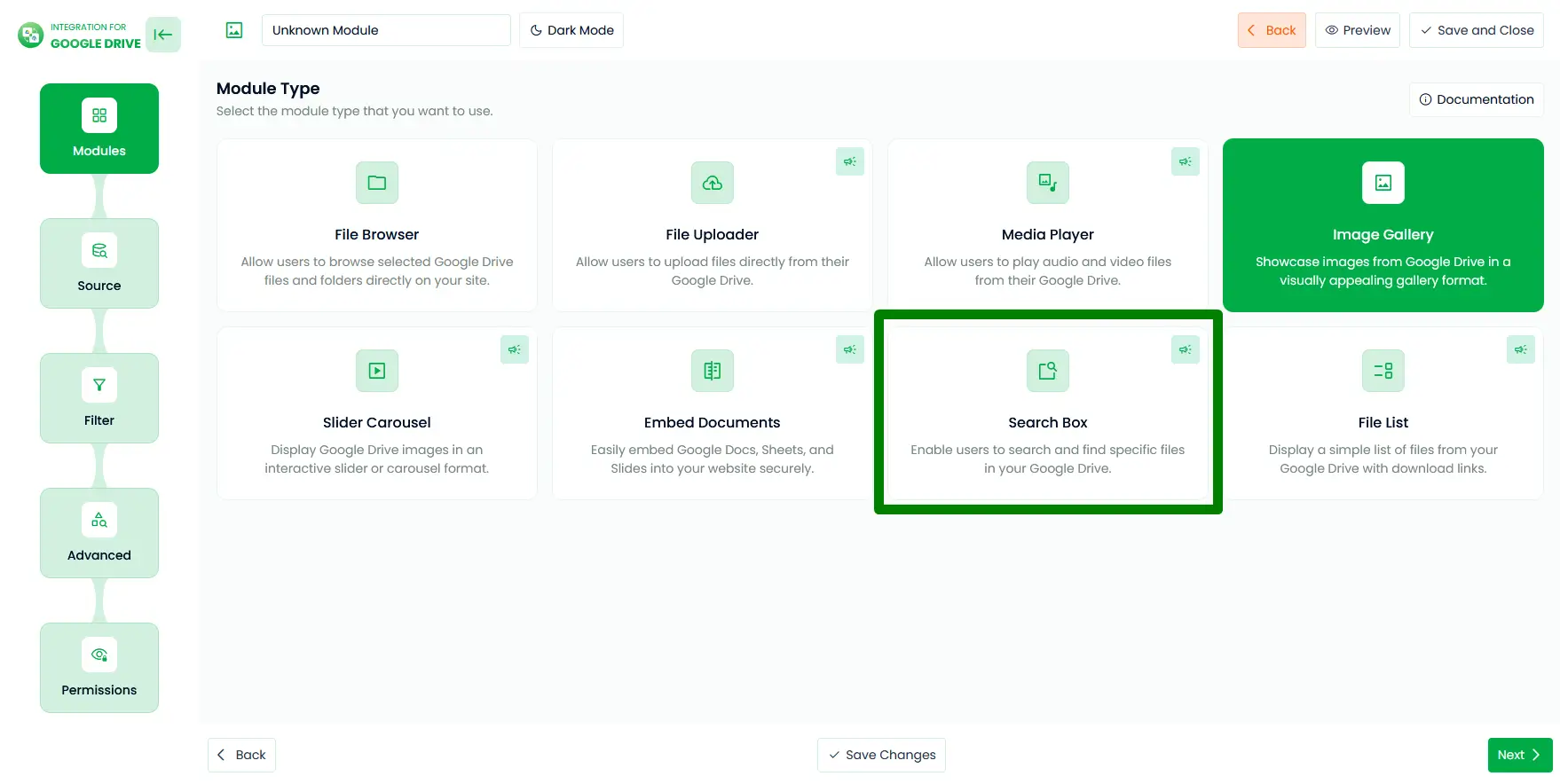 Choose Google Drive Search Box Module In WordPress