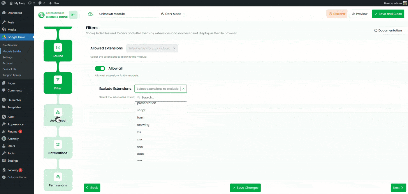 Google Drive Uploader Module Advanced tab