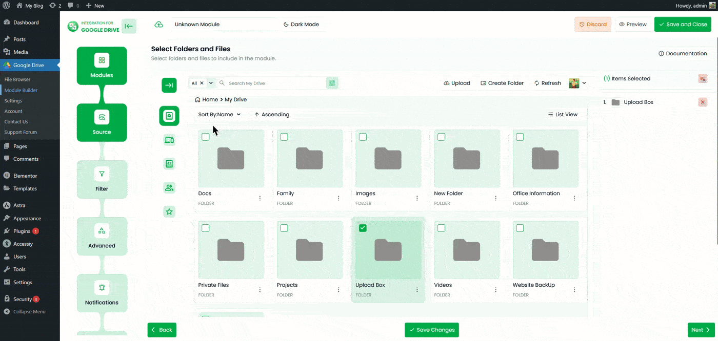 Google Drive Uploader Module Filter tab