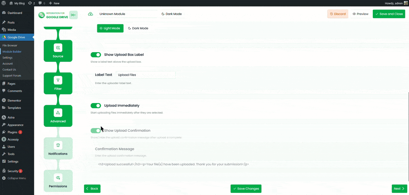 Google Drive Uploader Module Notifications tab