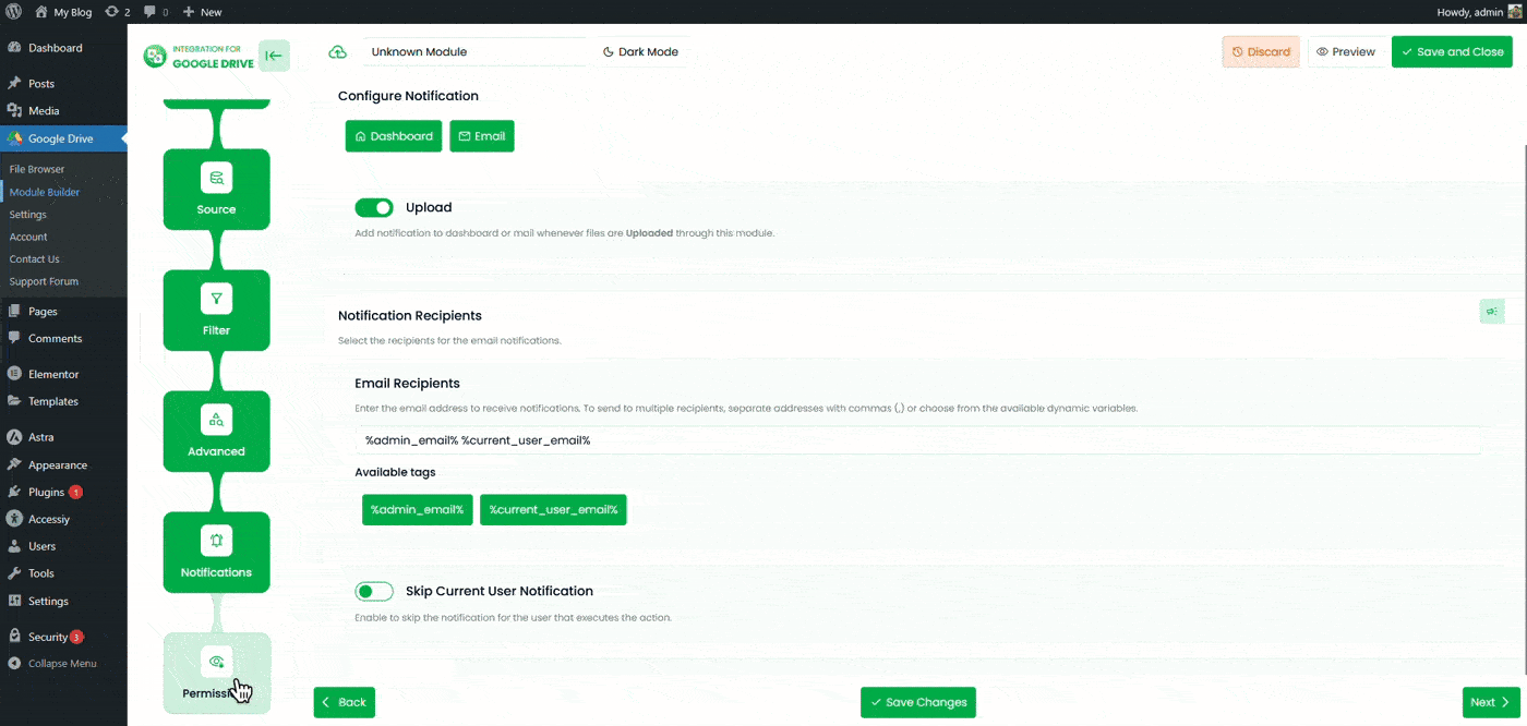 Google Drive Uploader Module Permission tab