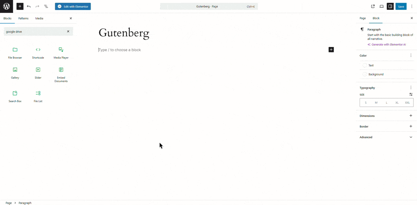 Insert Integration for Google Drive Shortcode in Gutenberg