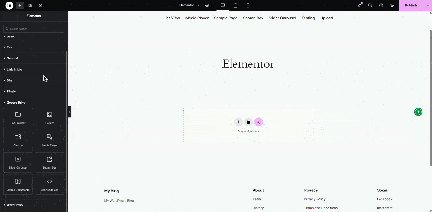 Inserting Google Drive Shortcode List Widget to Elementor