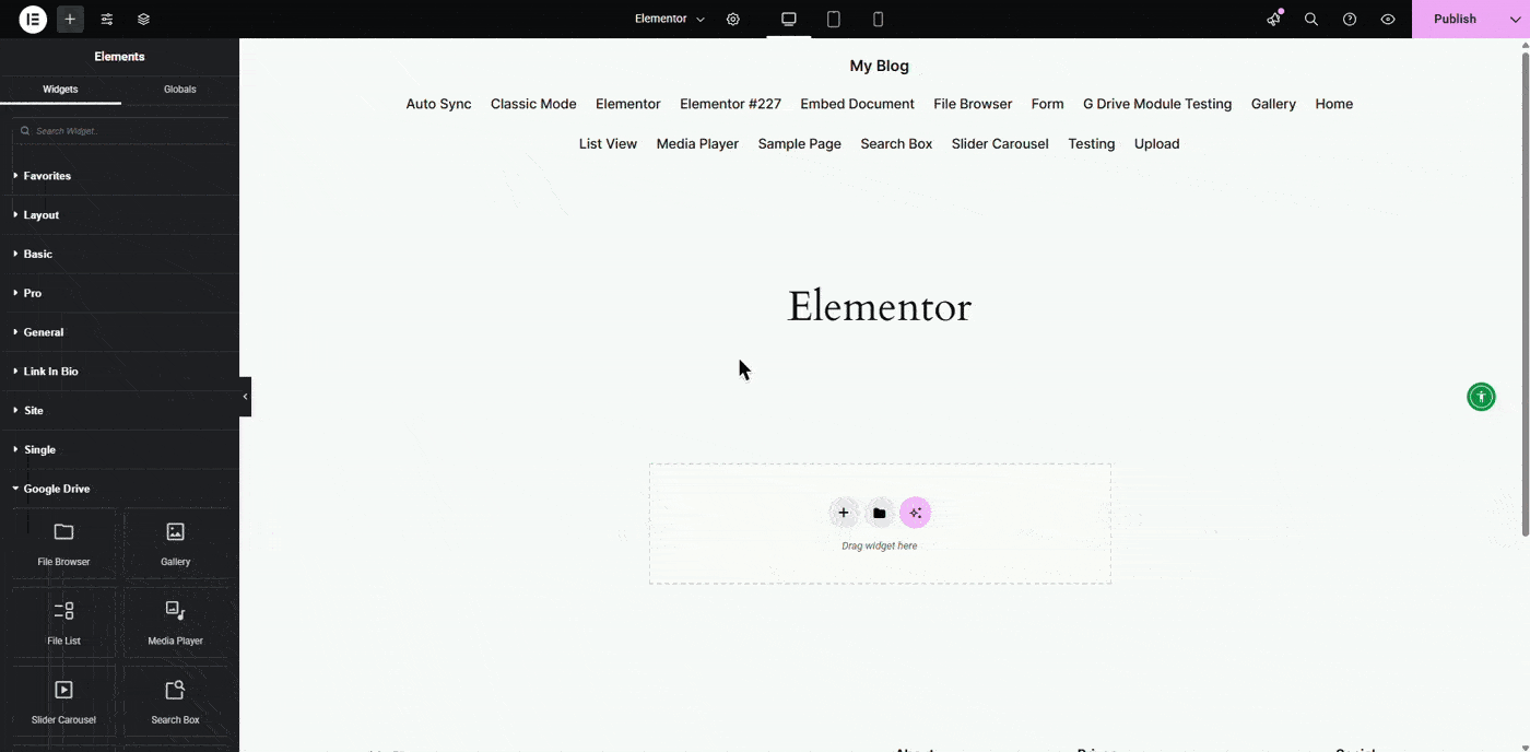 Inserting Google Drive Widget to Elementor
