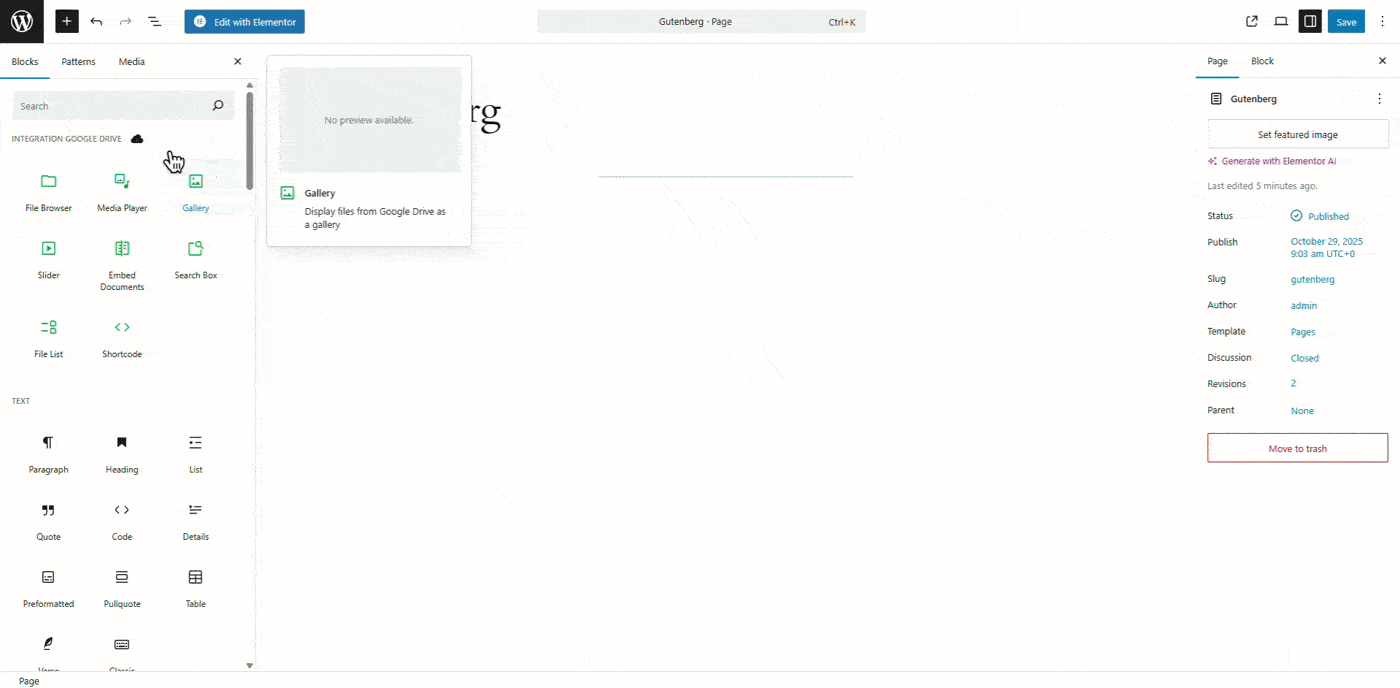 Use Integration for Google Drive in Gutenberg by adding New Block
