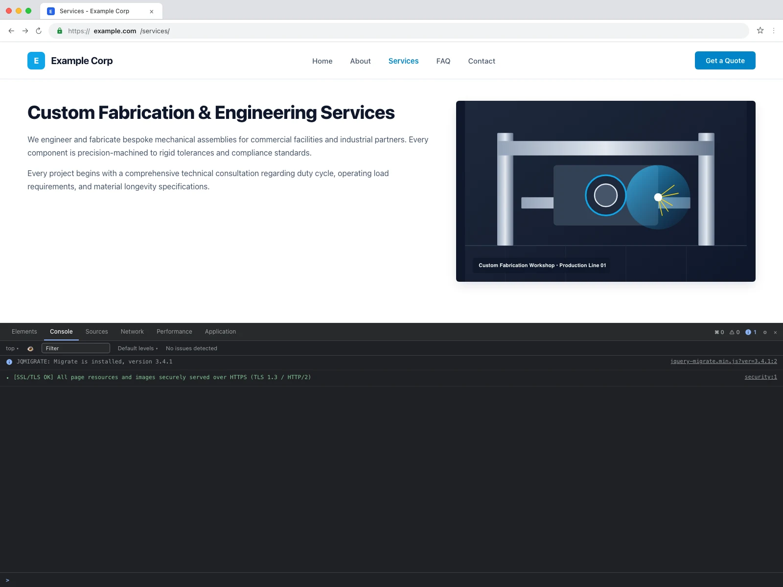 Clean Chrome browser window showing secure padlock and zero console errors after fixing mixed content