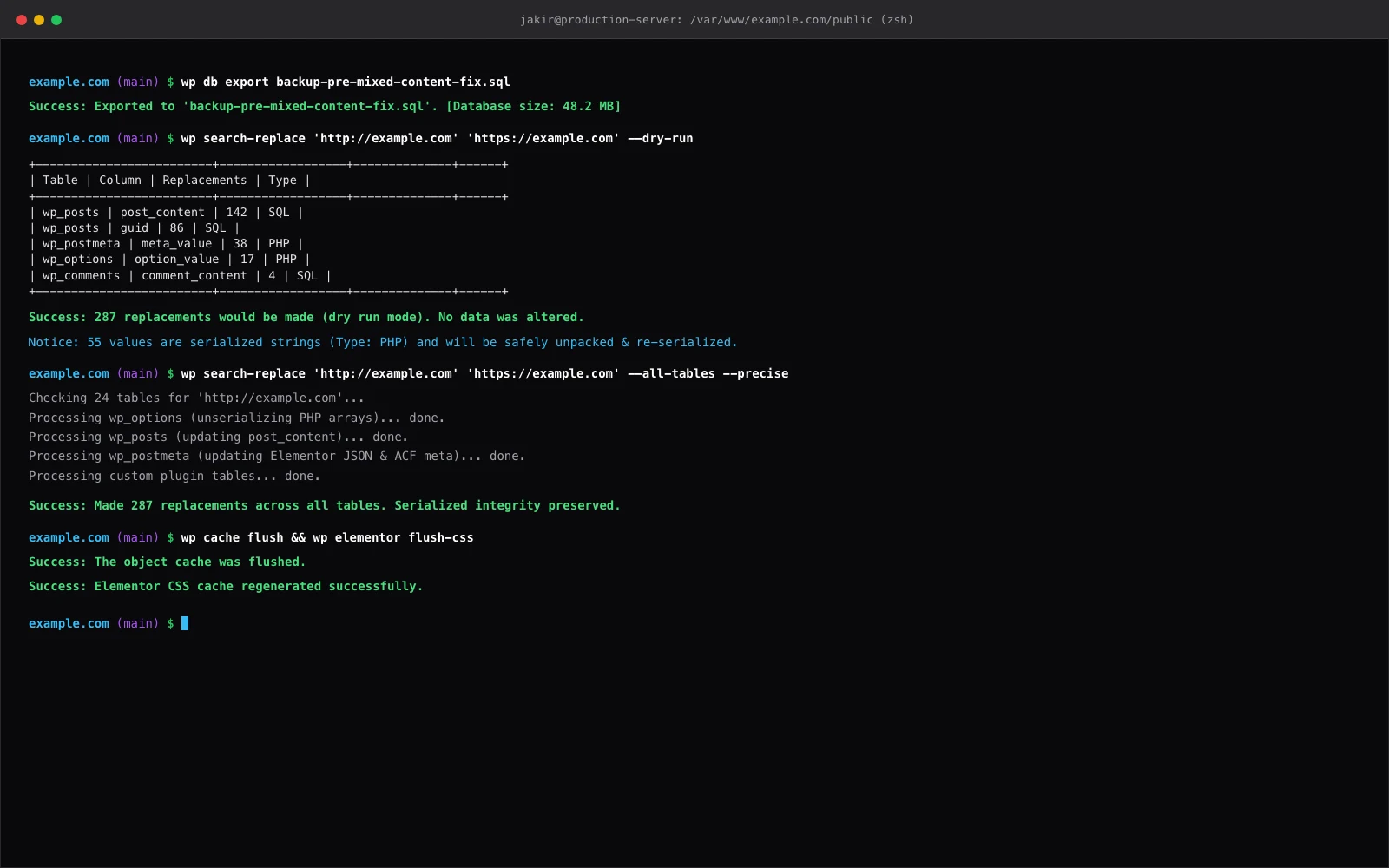 Terminal output showing WP-CLI search-replace dry run and live replacement on WordPress database