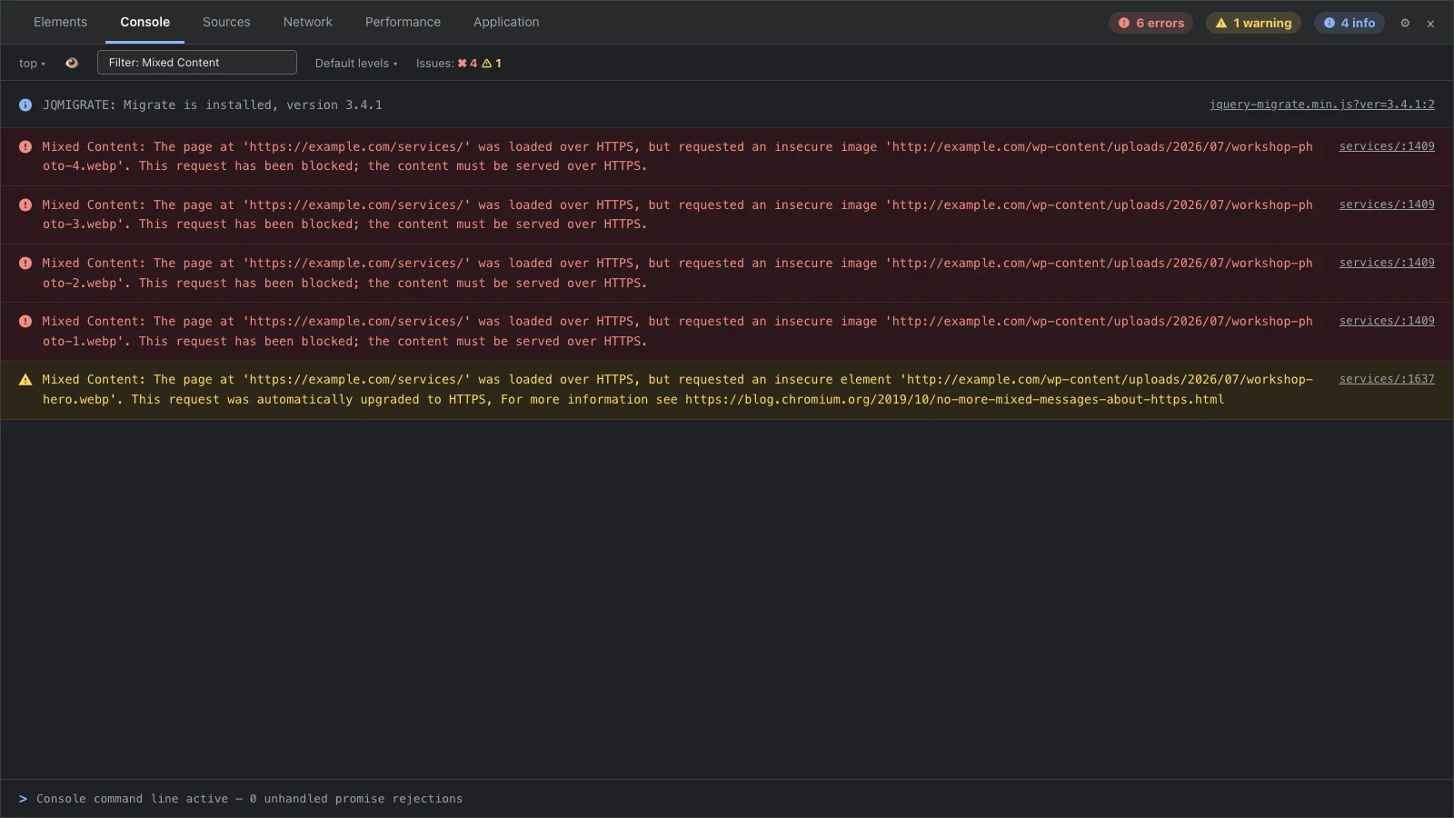 Close-up view of Chrome DevTools Console with red Mixed Content blocked image errors