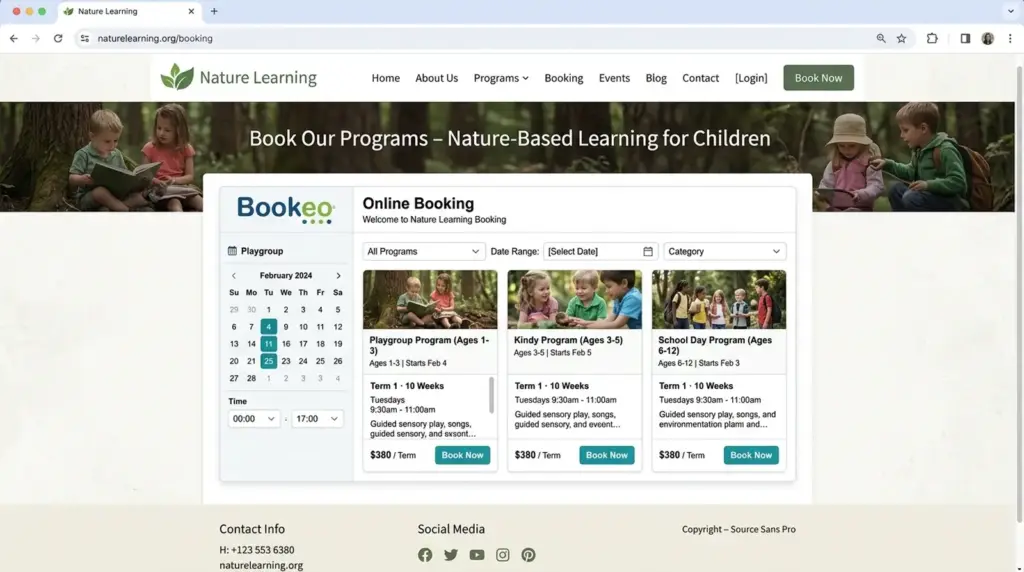 Bookeo booking widget embedded in a WordPress site showing term-based session options