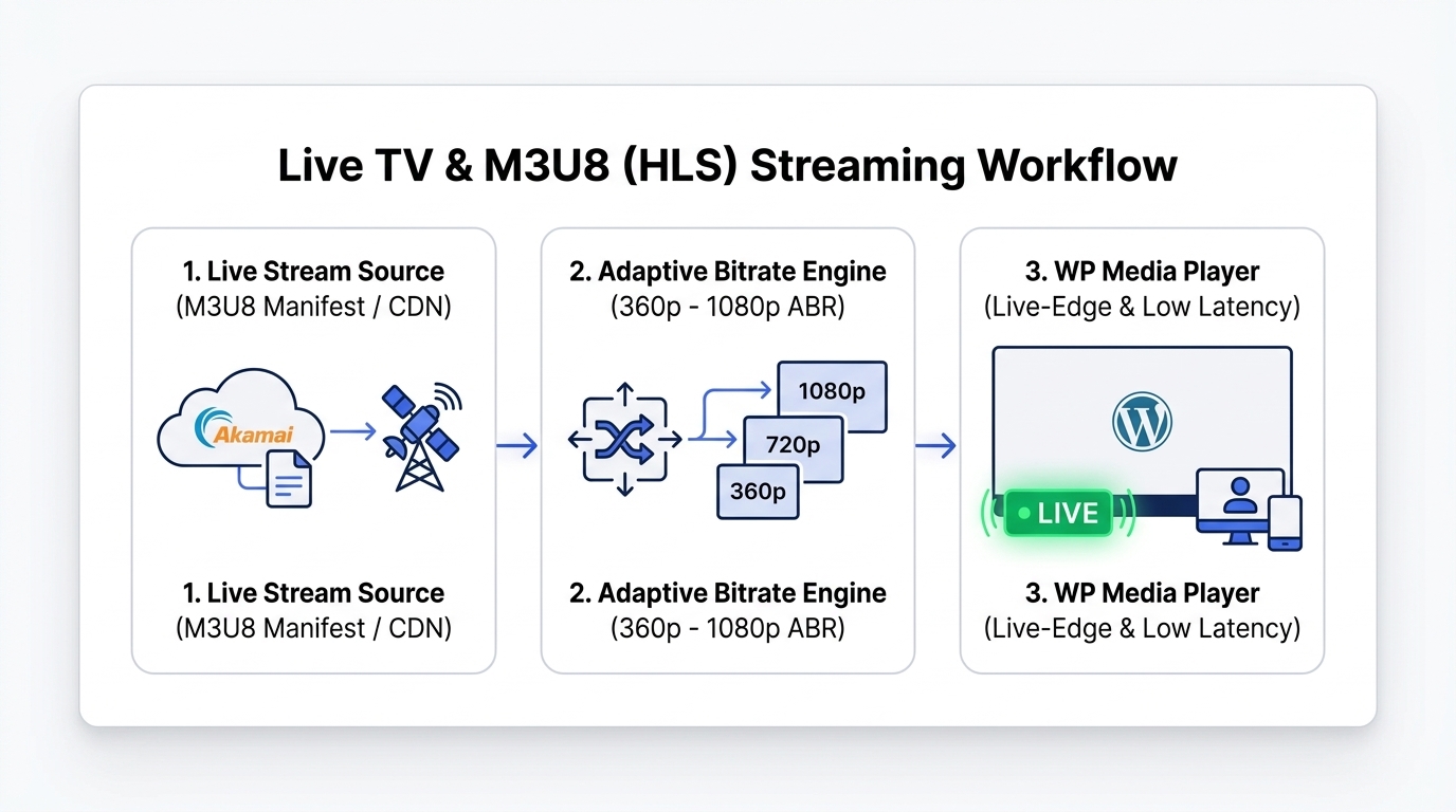 Live TV and M3U8 HLS streaming workflow in WordPress