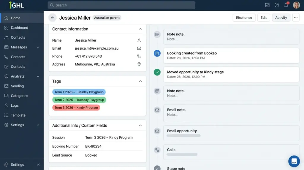 GoHighLevel contact showing booking history as tags accumulated across multiple terms