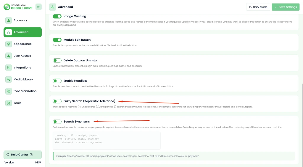 Integration for Google Drive 1.4.19 - Fuzzy Search and Search Synonyms Settings