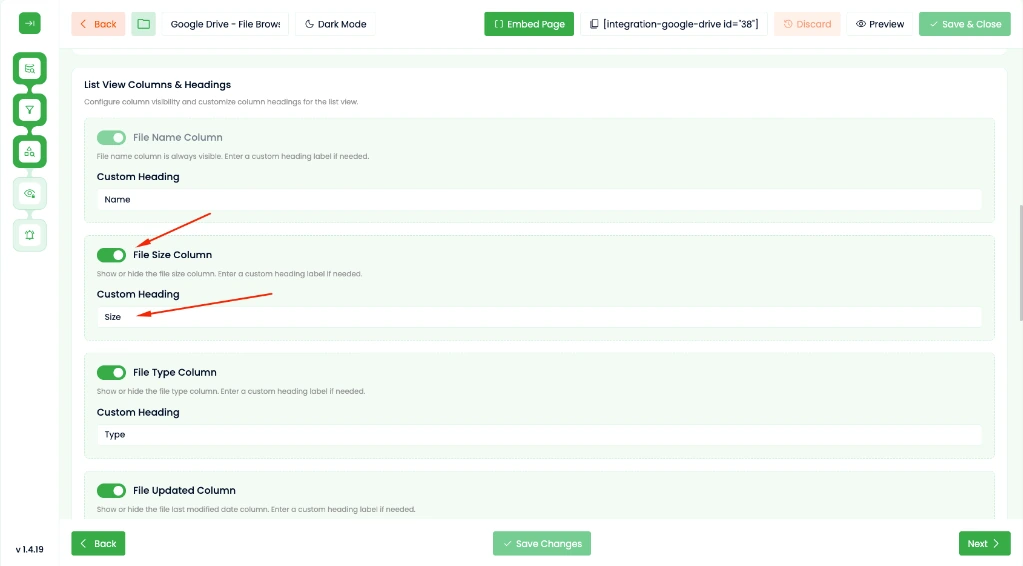Integration for Google Drive 1.4.19 - List View Column Visibility Switcher and Custom Headings