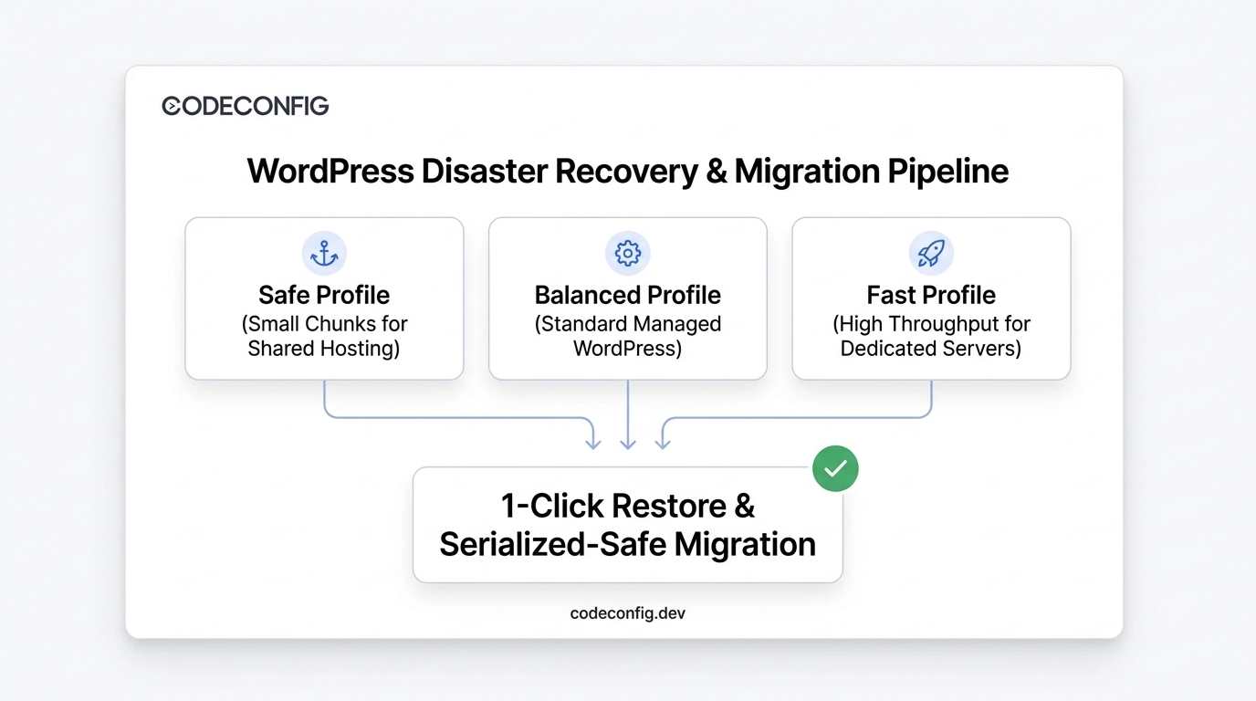 WordPress disaster recovery and migration execution profiles