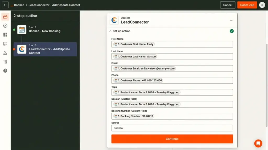 Zapier field mapping from a Bookeo booking to GoHighLevel contact tags and custom fields